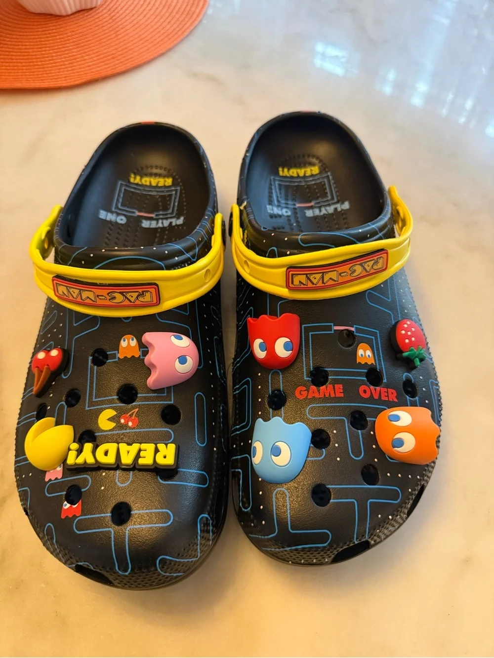 CROCS Pac-Man Themed Black Clogs with Yellow Strap